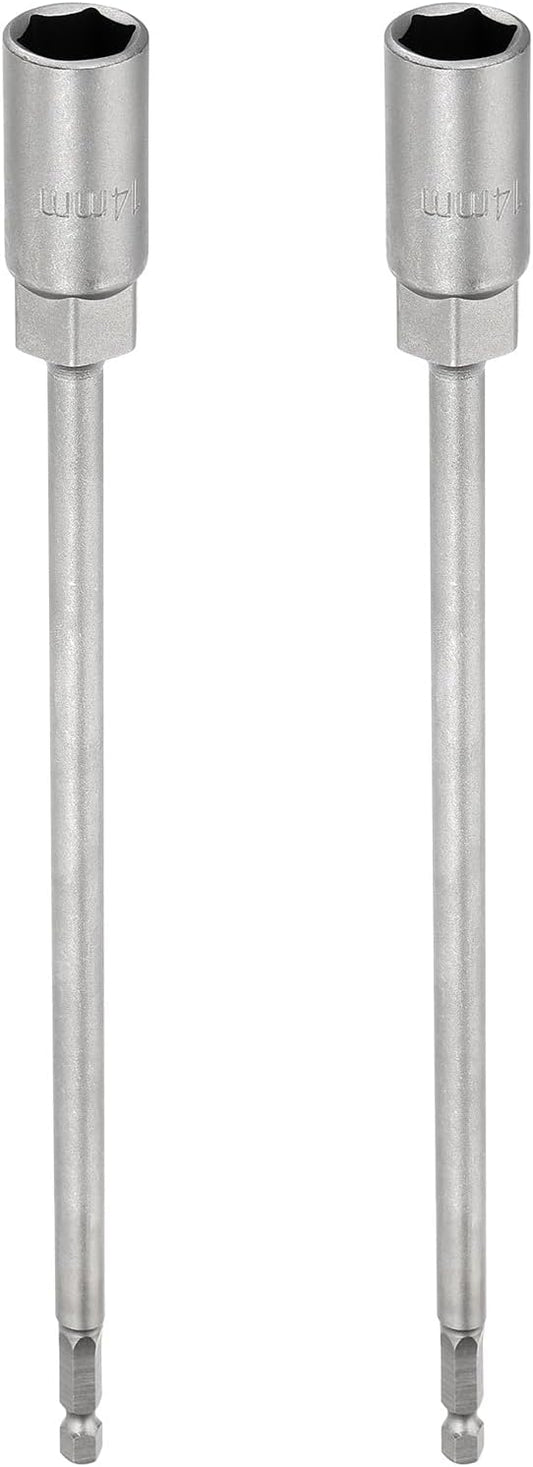 HARFINGTON 2pcs Nut Driver Drill Bit 14mm Metric Socket 1/4" Hex Shank 10" (250mm) Extra Long Magnetic 6-Point Sockets Quick Change 40Cr Steel Bolt Setters for Power Drill Drivers