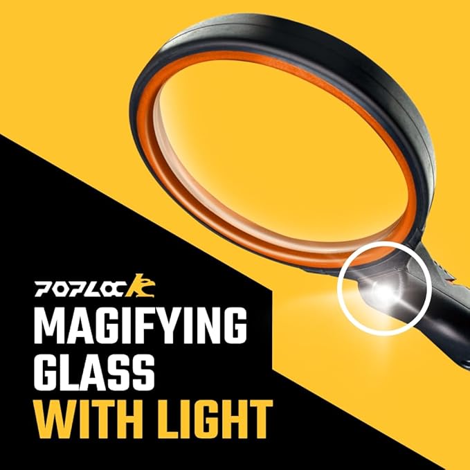 POPLOCK Magnifying Glass w Light, 5X Lens, 2-Side Concave and Convex Design for Close Work, Kids??Class, Adults, Gemstones, Handheld Lighted Tool, Orange
