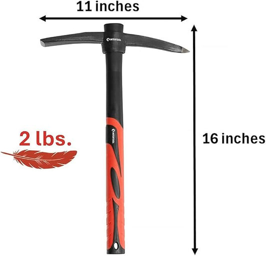 INTERTOOL Small Pick Axe -15-Inch Forged Steel Weeding Mattock Adze Hoe 1.5 lb with Anti-Slip Fiberglass Handle - Heavy-Duty Garden Tool for Roots, Rocks, Digging & Camping HT08-0303