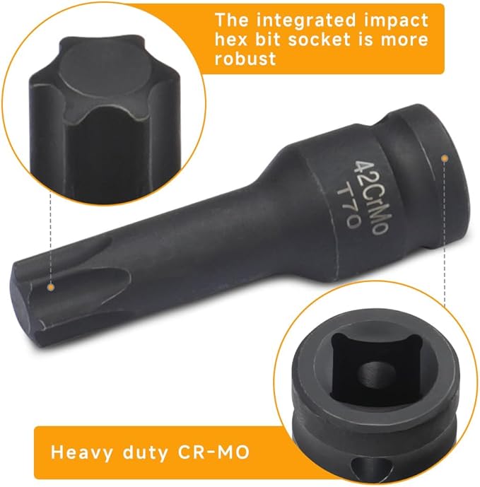 Hoteche 8-Piece 1/2" Drive Impact Torx Bit Socket Set | T30?밫80 | Cr-Mo Steel, Black Phosphate Finish, Laser-Etched, Heavy-Duty Storage Case