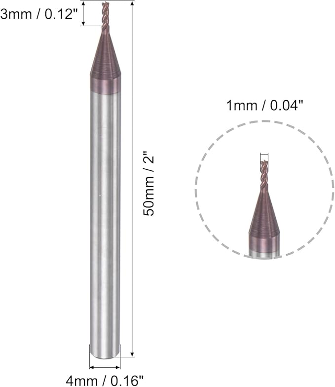 uxcell Square Nose End Mill, 1mm Tip Dia Solid Carbide AlTiN Coated CNC Router Bits 4 Flute Spiral Milling Cutter HRC55 with 4mm Shank 50mm (2-inch) Length