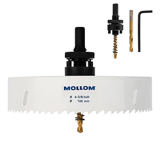 Mollom (162mm | 6-3/8") HSS M42 with 8% Cobalt BI-Metal Hole Saw with 2 Pilot Drill Bits & Arbor Smooth Cutting for PVC,Drywall,Wood,Plastic,Gypsum Board,Rubber