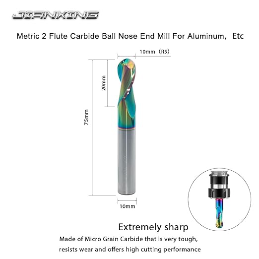 10mm R5 DLC Coated 2-Flute Carbide Ball Nose End Mill, Ideal for Aluminum, Copper Alloys, and Plastic Machining ??High Precision & Wear-Resistant Cutting Tool (1 Pack)