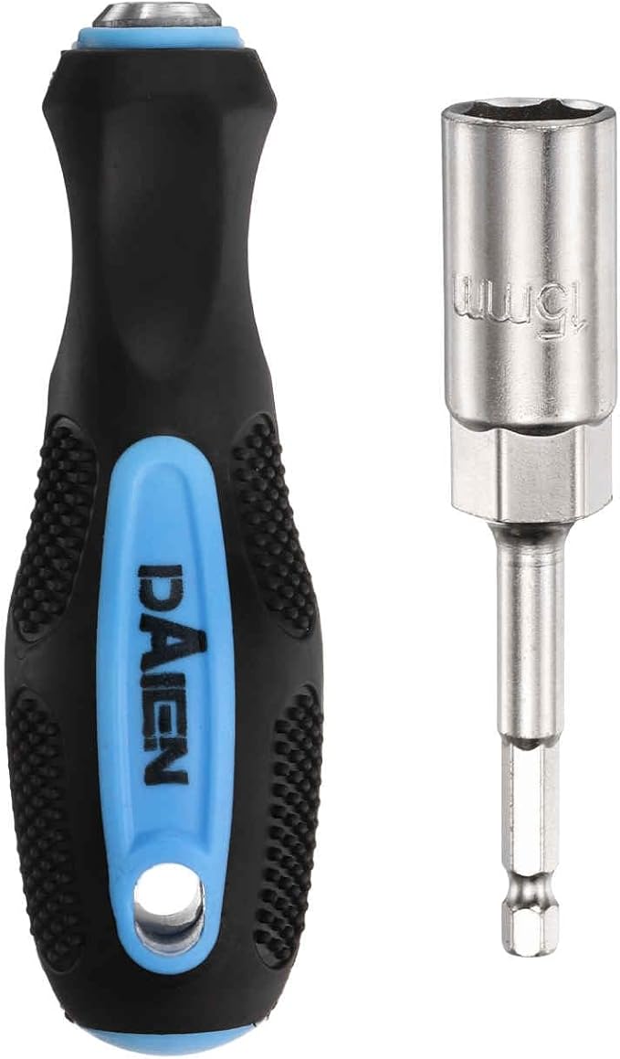 HARFINGTON Metric Nut Driver 15mm CR-V Non-Magnetic Detachable Tip Hollow Shafts Hex Socket Screwdriver with Anti-Slip Handle for Automobile Repair Bit Driver, Blue/Black