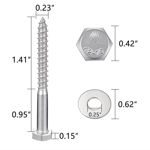 25 Pcs M6x2.36 Inch Heavy Duty Lag Screws 304 Stainless Steel 18-8 Hex Head Wood Screws for Heavy Duty Furniture Assembly Wardrobe FramesSolid Wood Storage Cabinets