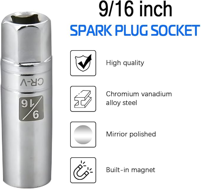 9/16-inch Magnetic Spark Plug Socket 3/8-inch Drive 6-Point Powerful Magnet Retains Spark Plugs Chrome Vanadium Steel