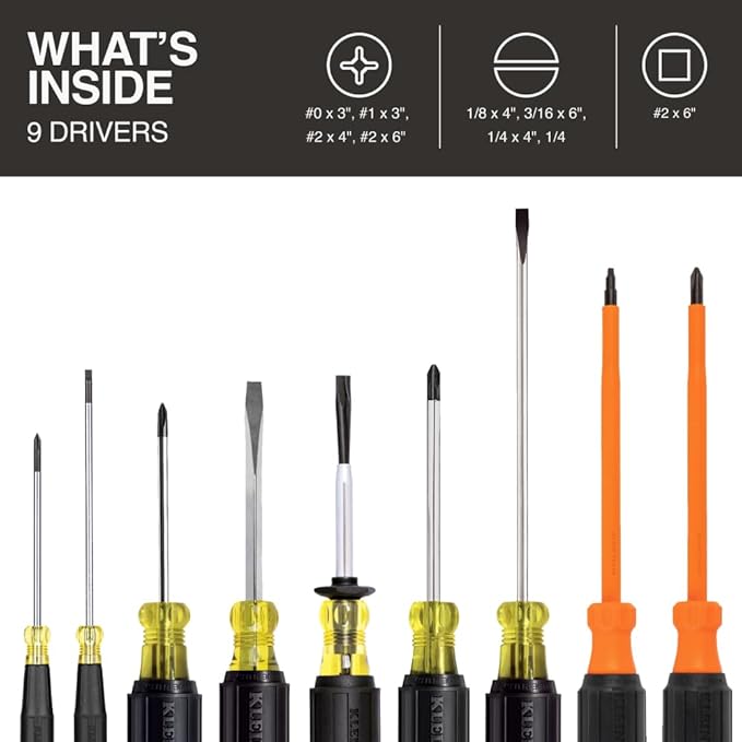 Klein Tools 85850 9-Piece Electrician Tool Set with (3) Phillips, (3) Slotted Drivers, (1) Screw-Holding Driver, (2) Insulated Drivers - Phillips and Square, Cushion-Grip Handle