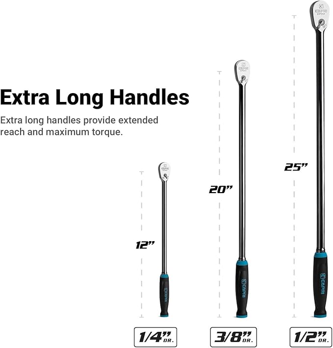 Capri Tools Fine 90-Tooth Extra Long Ratchet Set, Ergonomic Soft Grip, 1/4, 3/8, 1/2 in. Drive, 3-Piece