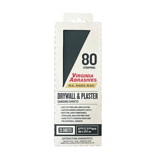 Virginia Abrasives Coarse 80-Grit Drywall & Plaster Sheet Sandpaper, 4.18 x 11.25 Inch, 25 Sheets