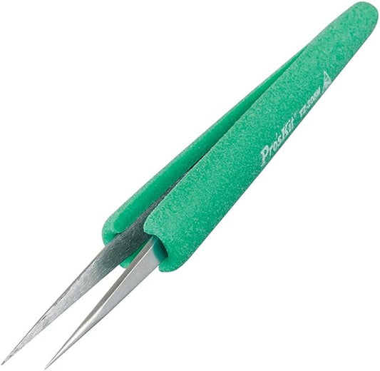 Pro'sKit ESD Anti-static Tweezers TZ-205N Antimagnetic Stainless Steel Fine Tip Straight Professional Repair Tool with Soft Handle for Jewelry, Watch, Electronics, Precision Industries (140.5mm)