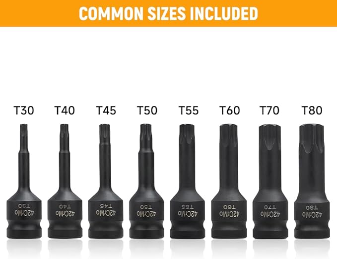 Hoteche 8-Piece 1/2" Drive Impact Torx Bit Socket Set | T30?밫80 | Cr-Mo Steel, Black Phosphate Finish, Laser-Etched, Heavy-Duty Storage Case
