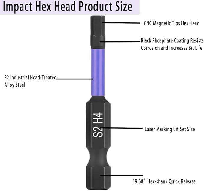 10PCS 1/4 Inch Hex Impact Bit Set, S2 Steel Magnetic Screwdriver Drill Bits for Impact Driver, 2" Long, Machined with Storage Case