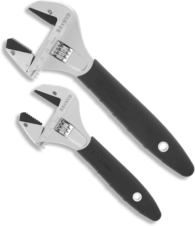 BAUNVB 2 Pack Adjustable Wrench Set, 8-inch and 10-inch Wrench with Serrated Self-tightening Jaw, 25mm and 30mm Wide Jaw Opening Wrench for Plumbing, Automotive, Industrial
