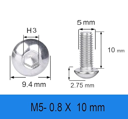 Metuja M5-0.8x10mm 50Pcs, Button Head Socket Cap Bolts Screws, Stainless Steel, Professional Set Screw, Clear and Complete Full Thread, Silver Bright Finish Furniture Bolt, Allen Hex Drive