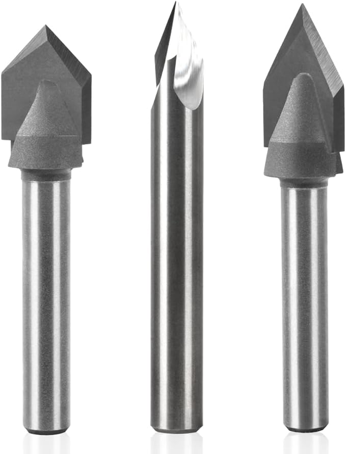 POWERTEC V Groove Router Bits Set, 1/4" Shank, (2) 60-Degree (1/4" & 1/2" Cutting Dia.) & 90-Degree (1/2" Cutting Dia.) Woodworking Router Bits for use on CNC Machine and Router Tool (73031)