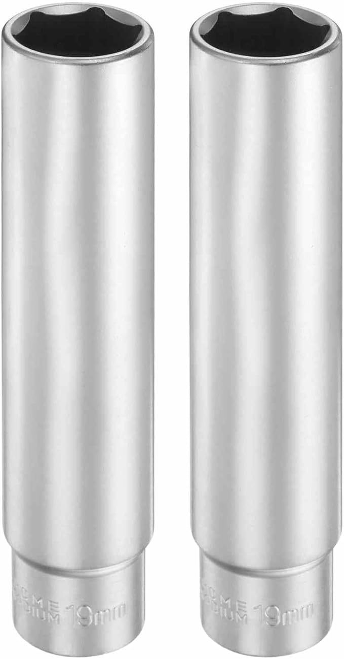 HARFINGTON 2pcs 6 Points Deep Socket 3/8" Drive 19mm Deep Metric CR-V Steel Polished Nickel Plating Flip Sleeve 120mm / 4.7" Extra Long Socket Tool for Home Auto Nuts Bolts Repair