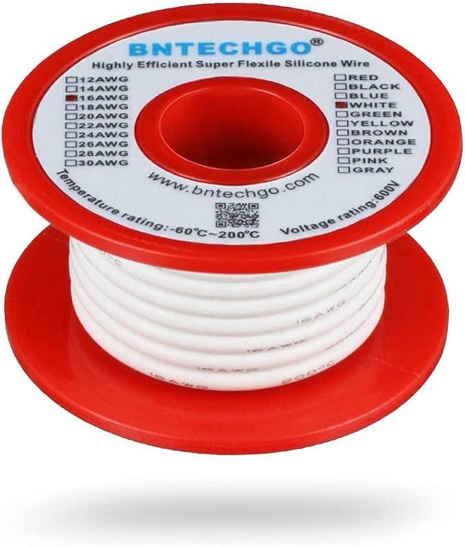 BNTECHGO 16 Gauge Silicone Wire Spool 25 ft White Flexible 16 AWG Stranded Tinned Copper Wire