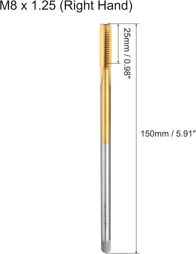 uxcell Metric Thread Tap M8 x 1.25 H2 150mm Straight Flute Screw Thread Milling Machine Taps Threading Tapping Repair Tool
