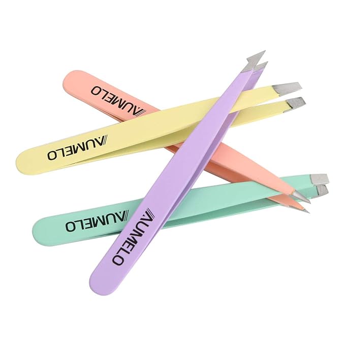 Tweezers Set 4-Piece Professional Stainless Steel Tweezers with Leather Travel Case by AUMELO - Precision Eyebrow and Splinter Ingrown Hair Removal Tweezer - MultiColor