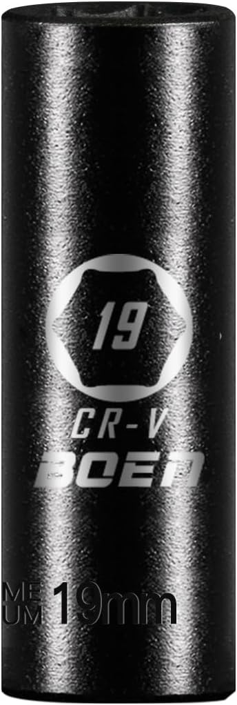 BOEN 1/2" Drive Deep Impact Sockets,Premium Impact Socket,19mm Socket,Metric,6 Point,Cr-V Steel with Laser Marking - Strong and Durable