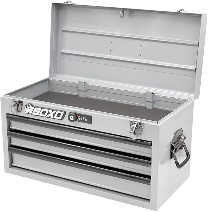 Boxo USA Heavy-Duty 3-Drawer Steel Tool Box - Portable Hand Carry Toolbox Organizer with Ball Bearing Slides & Secure Key & Digital Lock System (Nardo Gray)