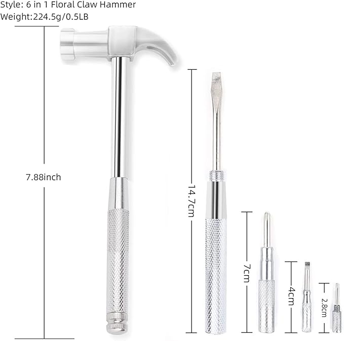 6 in 1 Mini Multifunction Copper Hammer and Screwdriver Hand Tools, Screwdriver Kit for Opening Walnuts, Watchmaker, and Household Repairing Tool (Silver)