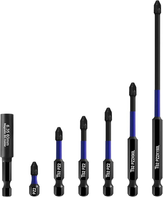 HPHOPE Pozidriv Bit Set, 6Pcs PZ2 Bits with 60mm Magnetic Bit Holder, Precision Screwdriver Bit Set