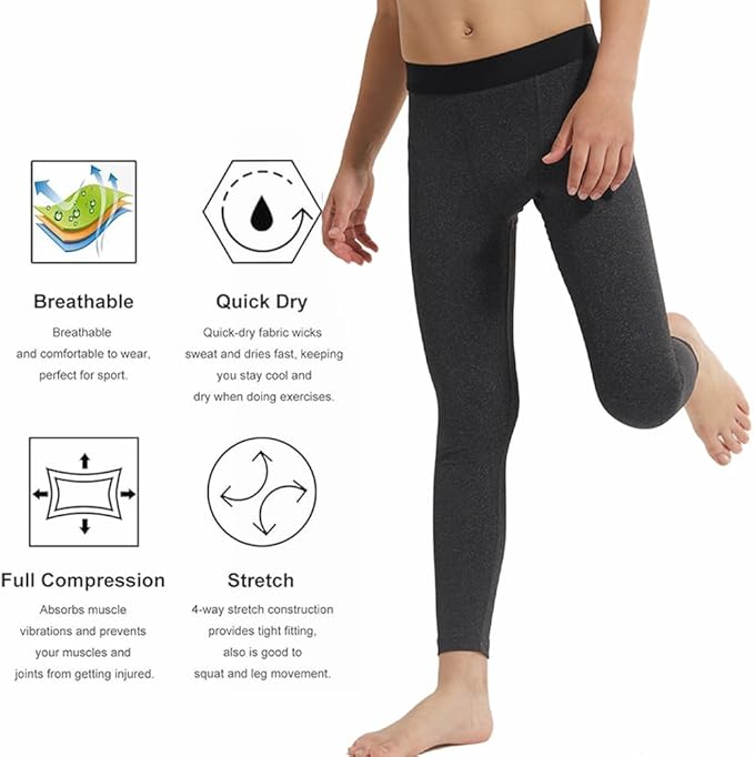 LANBAOSI Youth Boys Compression Leggings Athletic Pants Base Layer Football Workout Tight