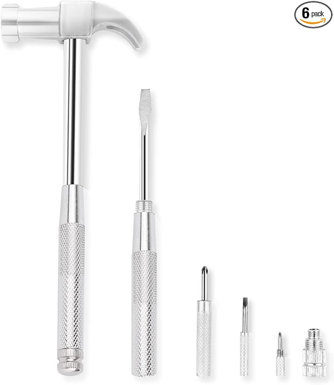 YOUMI 6 in 1 Silver Hammer & Screwdriver Tool Multitool Set Claw Hammer with Anti-Slip Grip Handle Slotted/Flat Head Phillips Screwdriver Nail Puller Best Gift for Family Friends Colleagues