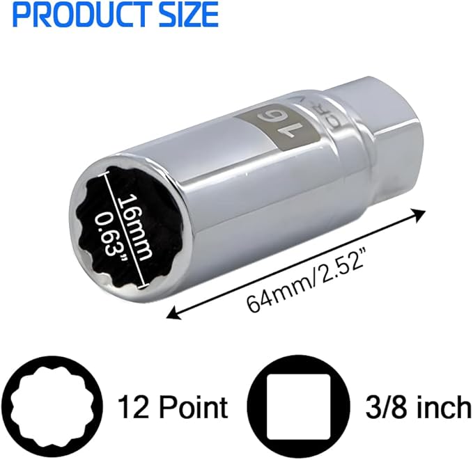 16mm Thin Wall Magnetic Spark Plug Socket 3/8 Inch Drive 12-Point Spark Plug Socket Compatible with BMW, Benz, Mini Cooper, Nissan, Citroen, Infiniti, Renault, Peugeot and some lawn mowers and ATVs