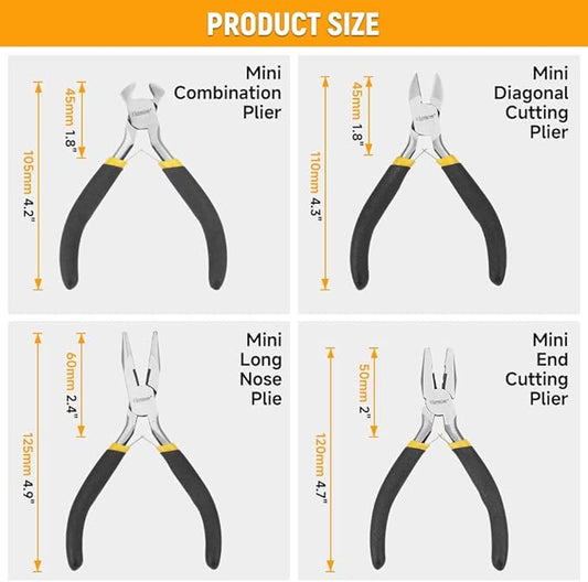 HOTECHE 4.5-Inch 4PCS Mini Pliers Set - Professional Cr-V Steel Precision Tools with Non-Slip Grips - Includes Combination, Long Nose, Diagonal & End Cutting Pliers for Electronics, Jewelry & Crafts