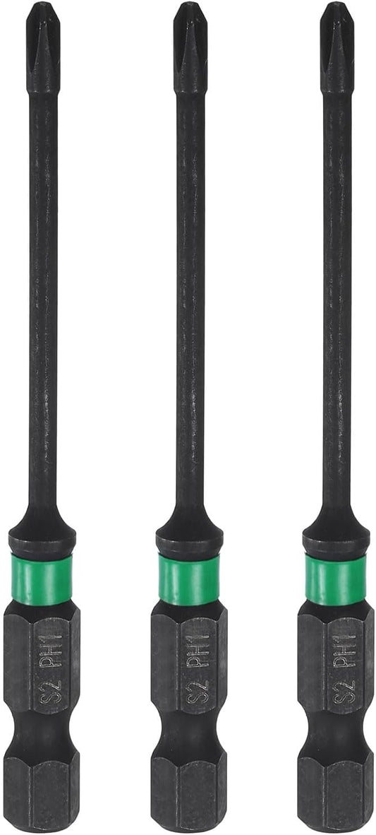 HARFINGTON 3pcs #1 Impact Phillips Screwdriver Bit PH1 1/4" Hex Shank 3" (75mm) Long 0.1" Rod Magnetic Cross Head Drill Bits S2 Steel Industrial Screw Driver for Impact Power Drivers