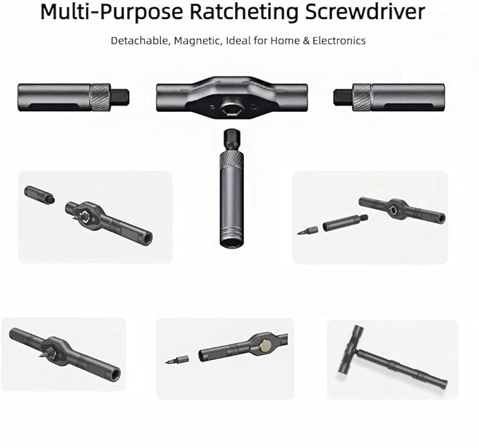 Magnetic Ratchet Screwdriver Set with T-Handle, Multi-Bit Ratcheting Screwdriver Tool Kit for Electronics, Furniture, Computer, Bicycle, and DIY Repair(Grey)