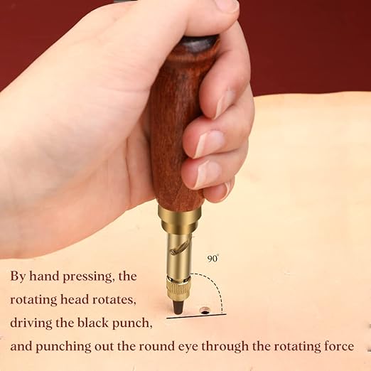 Adjustable Leather Hole Punching Tool Automatic Puncher with Wooden Handle Hollow Hole Punch with 6 Tips Size (1.5mm/2mm/2.5mm/3mm/3.5mm/4mm) for Leather Belt, Bag, Wristband