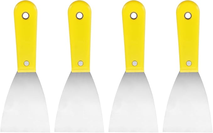 HARFINGTON 4pcs Carbon Steel Putty Knife 3" Plastic Handle Spreading Drywall Flex Putty Scraper for Wallpaper Wall Taping Scraping Paint, Yellow