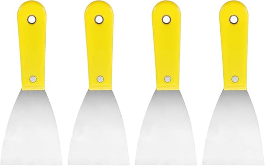 HARFINGTON 4pcs Carbon Steel Putty Knife 3" Plastic Handle Spreading Drywall Flex Putty Scraper for Wallpaper Wall Taping Scraping Paint, Yellow