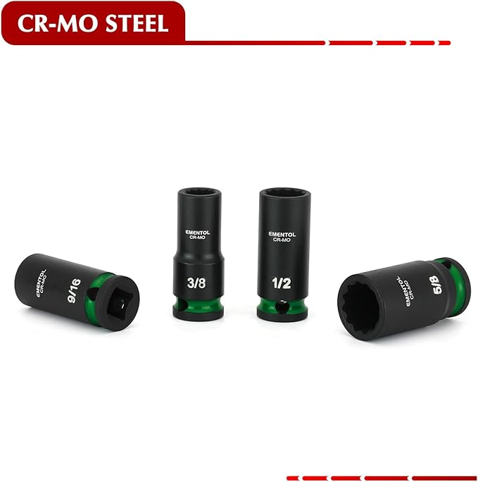 EMENTOL 3/8" Drive Impact Socket Set, Semi-Deep Sockets, 12 Pieces, Standard SAE (5/16"-1"), 12 Point, CR-MO, Stamped and ink filled