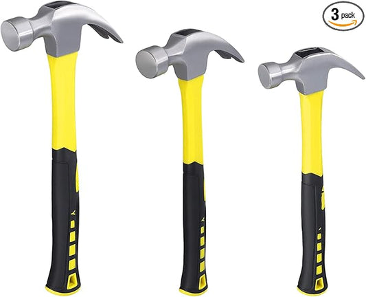 HAKZEON 3 PCS 8/16/24oz Claw Hammers, Nailing Hammer with Shock Absorption handle, Screw Thread Steel Head Rip Claw Hammer framing hammer for Repairing Furniture Assemble