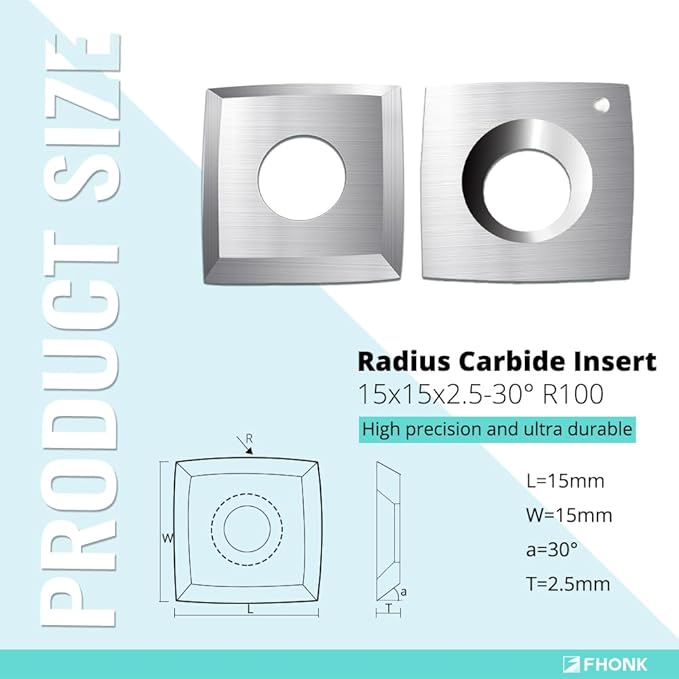 15mm Arc-edge Square Carbide Inserts Cutters, for Woodturning Replacement Cutter Knives, Fits Spiral, Helical Planer Cutter, Wood Lathe Turning Tool, 10-Pack (15x15x2.5-30째 R100)