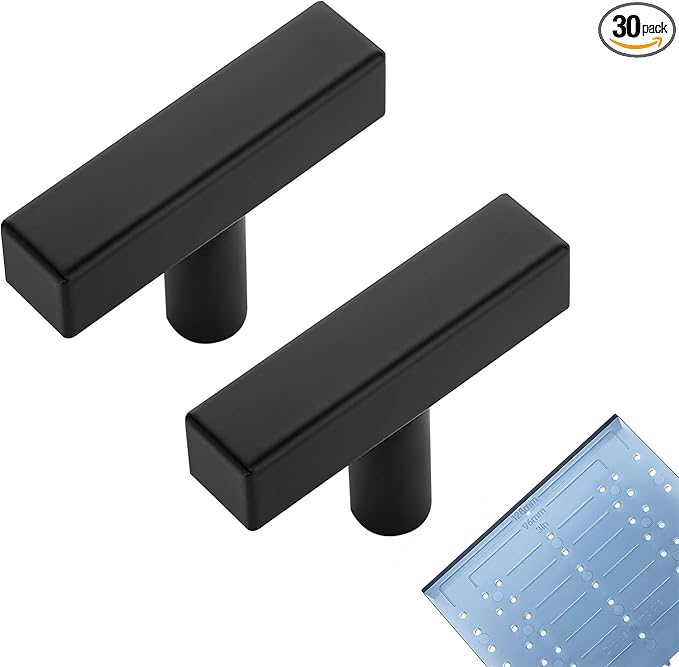 Ravinte 30 Pack Cabinet Handles - 2 Inch Matte Black Square T Knobs for Kitchen Cabinets and Drawers - Single Hole Pulls with Mounting Template
