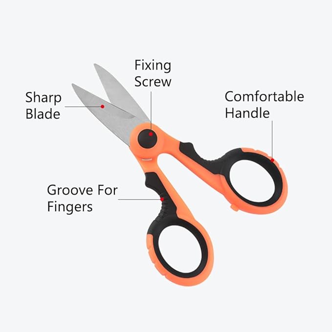 tooloflife Portable Stainless Steel Scissors Anti-Slip Serrated Edge Scissors Saltwater Freshwater Braid Scissors for Fishing Outdoor and DIY (Orange Scissor)