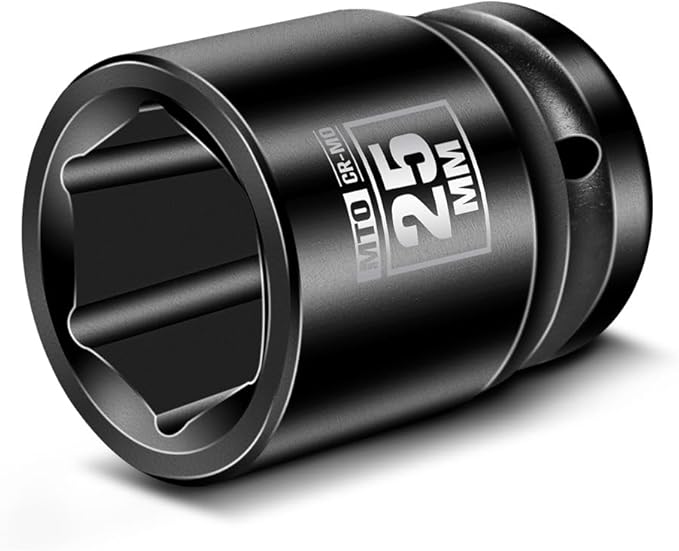 MTO 1/2" Drive 25mm Shallow Impact Socket, 6-Point Metric Socket, CR-MO Steel & Anti-Corrosion Coating for Tight Spaces and Heavy-Duty Tasks