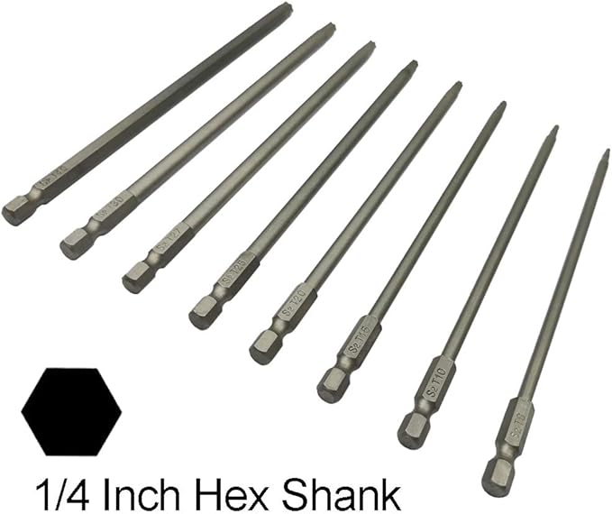 Long Torx Security Screwdriver Bit Sets 6 Inch Length T8 T10 T15 T20 T25 T27 T30 T40 S2 Steel Torx Security Head Drill Screw Driver Drill Set (8Pcs 150mm)