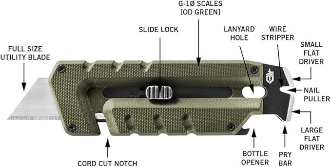 Gerber Gear Prybrid Utility EDC Multitool Pocket Utility Knife - Razor Knife with Retractable Hobby Blade and Pry Bar - Green with Clip