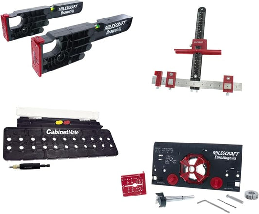 Milescraft 7300 Cabinet Kit ??Cabinet Hardware Jig, Shelf Pin Jig, Hinge Jig and Drawer Slide Jig. Cabinet Handles, Drilling Jig, Euro Concealed Hinge Jig, Drawer Installation Jig ??Ultimate Bundle