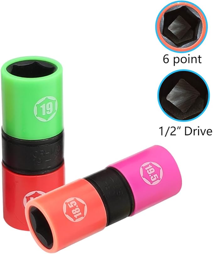 DPTOOL Half Size Lug Nut Socket Set 1/2??Drive Impact Flip Socket Set Metric 6 Point Non-Marring Thin Wall Double Ended Wheel Lug Nut Socket for Removal of Swollen, Dented and Deformed Lug Nuts