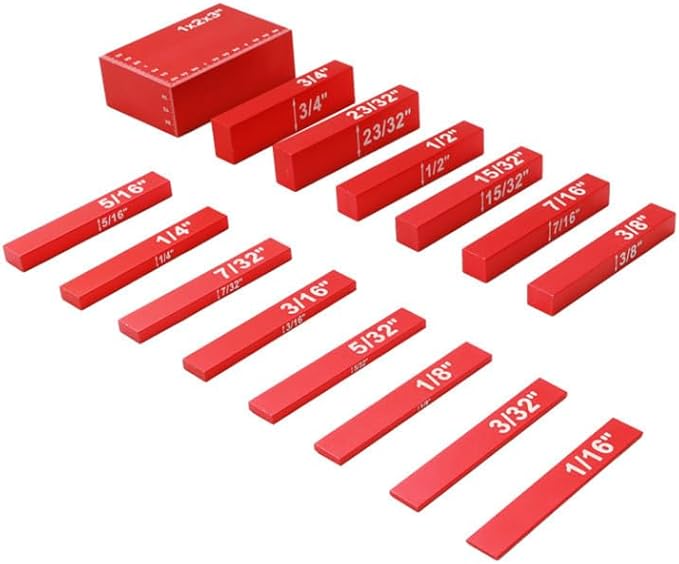 15-Piece Imperial Aluminum Gauge Block Set for Woodworking, Red, 1/16" to 1-31/32" Range, Precision Calibration with Laser Etched Font, Includes Storage Case