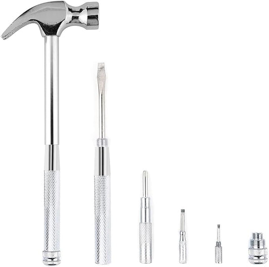 6-in-1 mini multifunctional metal hammer and screwdriver hand tool for opening walnuts, including cross and flat screwdrivers, home repair tools, and camping hammer set (Silver)