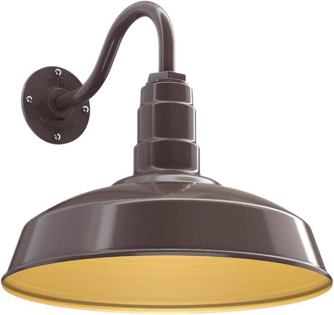 Steel Lighting Co. | Dusk to Dawn | Gardena Barn Light | Outdoor Wall Mounted | 16" Dome | 11" Gooseneck | Farmhouse Light Made in America | Dark Bronze/Brass