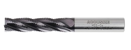 Accusize Industrial Tools 1/2'' Dia, M42 8% Cobalt Tialn Roughing End Mill, 1/2'' Shk Dia, 2'' Flt Length, 4'' Oal, 4 Flute, Coarse Tooth, 1102-0120